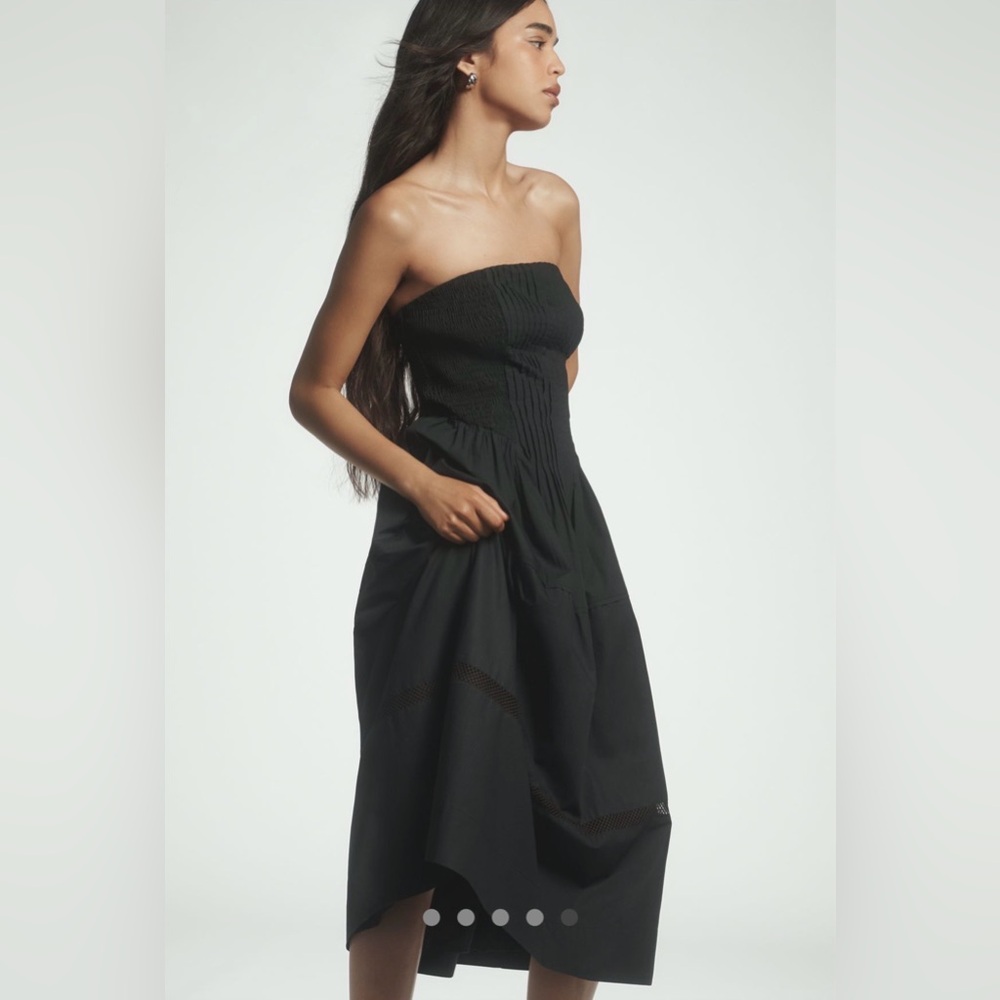 Anthropologie Black Cotton Poplin Strapless Smocked Pintuck Midi Dress - Medium - Picture 4 of 16